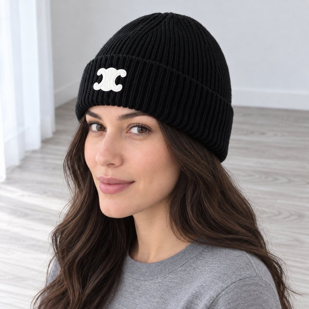 CELINE Triomphe Black Ribbed Knit Beanie - Picture 3 of 6
